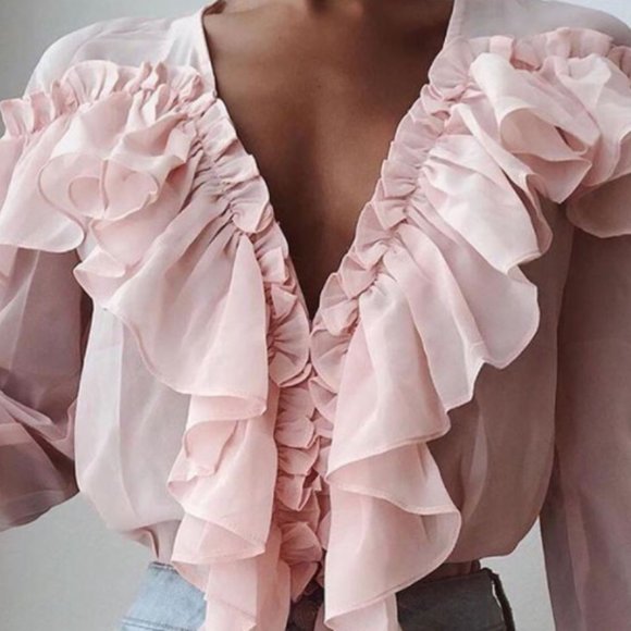 Soft Pink Ruffle Blouse - Semi Sheer - Picture 1 of 7